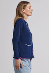 Zaket & Plover Thread Detail Sweater in Navy.  Rolled collar, split v neckline.  Long sleeves.  Center front seam with hand stitch detail down seam.  Rolled edges.  Single front pocket.  Contrast tipping at collar, hem and cuff.  Relaxed fit._t_59642754892142