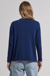 Zaket & Plover Thread Detail Sweater in Navy.  Rolled collar, split v neckline.  Long sleeves.  Center front seam with hand stitch detail down seam.  Rolled edges.  Single front pocket.  Contrast tipping at collar, hem and cuff.  Relaxed fit._t_59642754957678