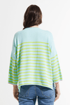 Zaket & Plover Nautical Sweater in Breeze.  Aqua with lime green stripes.  V neck with wide 3/4 sleeve and ribbed cuff.  2 front patch pockets.  Side slits.  Contrast color trim at cuff.  Relaxed fit._t_59643718304110