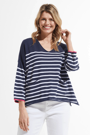 Zaket & Plover Nautical Sweater in Navy.  Navy with white stripes.  V neck with wide 3/4 sleeve and ribbed cuff.  2 front patch pockets.  Side slits.  Contrast color trim at cuff.  Relaxed fit._59643718336878