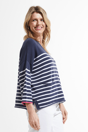 Zaket & Plover Nautical Sweater in Navy.  Navy with white stripes.  V neck with wide 3/4 sleeve and ribbed cuff.  2 front patch pockets.  Side slits.  Contrast color trim at cuff.  Relaxed fit._59643718369646