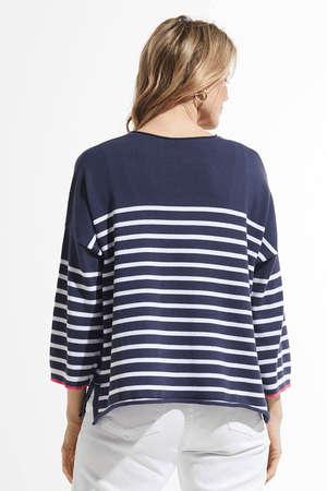 Zaket & Plover Nautical Sweater in Navy.  Navy with white stripes.  V neck with wide 3/4 sleeve and ribbed cuff.  2 front patch pockets.  Side slits.  Contrast color trim at cuff.  Relaxed fit._59643718435182