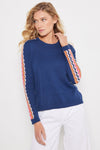 Lisa Todd Not a Faze Sweater in Blue Galaxy.  Crew neck long sleeve garment dyed knit.  Contrast chevron open weave stripes from shoulder down center sleeves.  Rib trim at neck, hem and cuff.  Classic fit._t_59855406891374