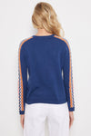 Lisa Todd Not a Faze Sweater in Blue Galaxy.  Crew neck long sleeve garment dyed knit.  Contrast chevron open weave stripes from shoulder down center sleeves.  Rib trim at neck, hem and cuff.  Classic fit._t_59855406858606