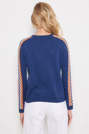 Lisa Todd Not a Faze Sweater in Blue Galaxy.  Crew neck long sleeve garment dyed knit.  Contrast chevron open weave stripes from shoulder down center sleeves.  Rib trim at neck, hem and cuff.  Classic fit._59855406858606