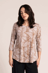 Sympli Go To Classic Relax Print Top in Batista. Abstract geometric print in shades of brown and taupe. Modified crew neck 3/4 sleeve relaxed top with curved hem. Side slits. Relaxed fit_t_59588766761326