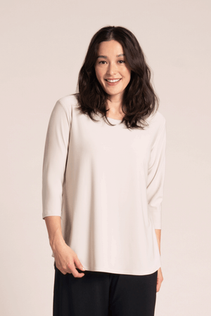 Sympli Go to Classic Relax in Cashew.  Crew neck, 3/4 sleeve top with curved hem and side slits.  Relaxed fit._59588744905070