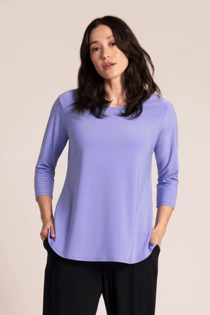 Sympli Go to Classic Relax in Jacaranda  a deep lilac.  Crew neck, 3/4 sleeve top with curved hem and side slits.  Relaxed fit._59588737302894