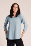 Sympli Go to Classic Relax in Stone Blue a slate blue.  Crew neck, 3/4 sleeve top with curved hem and side slits.  Relaxed fit._t_59588737401198