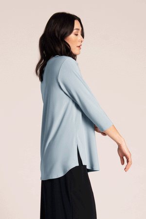 Sympli Go to Classic Relax in Stone Blue a slate blue.  Crew neck, 3/4 sleeve top with curved hem and side slits.  Relaxed fit._59588737433966