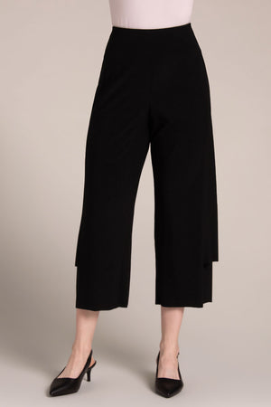 Sympli Splice Double Layer Crop Pant in Black.  Pull on pant with drop waistband.  Inset side panels with double layer construction.  Top layer is shorter than bottom layer.  Raw edges.  Inseam: 24"_59726069465454