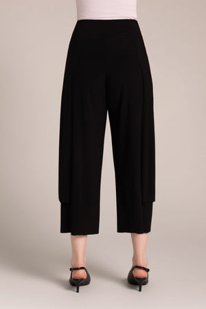 Sympli Splice Double Layer Crop Pant in Black.  Pull on pant with drop waistband.  Inset side panels with double layer construction.  Top layer is shorter than bottom layer.  Raw edges.  Inseam: 24"_59726069498222